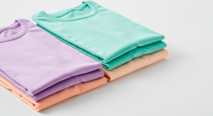 Neatly folded apparel in light pastel hues. Soft fabrics create a calming palette. Minimalist arrangement.