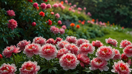Fototapeta premium Row of Vibrant Peony Flowers in Full Bloom