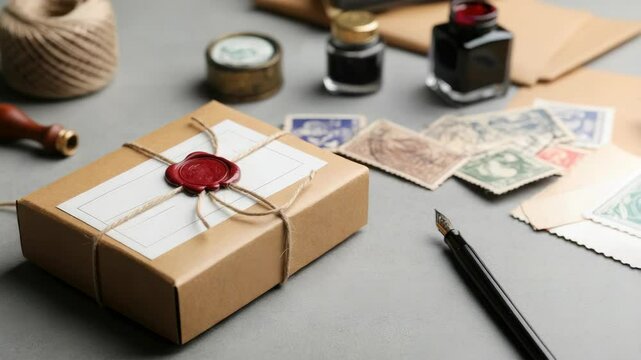 Vintage package with wax seal, surrounded by twine, stamps, and ink bottles