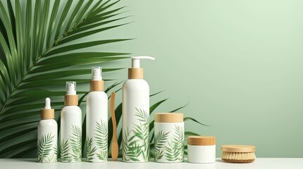 Vibrant, minimalist background showcases assorted skincare and cosmetics products with ample copy space for textual overlay, exuding luxury and serenity.
