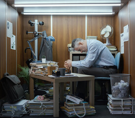 Frustrated businessman working in a small messy office