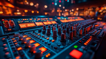 Professional audio mixing console in a live performance venue.