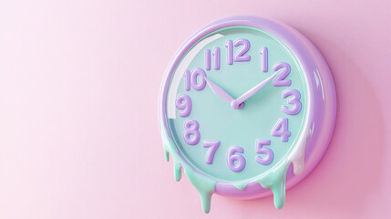 Surreal wall clock with melting numbers in pastel lavender and mint green, glossy finish, mounted on a blush pink wall