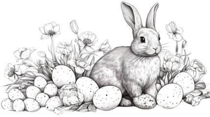 Hand Drawn Easter Bunny Sitting in Flowers with Decorated Eggs for Easter Holiday Celebration