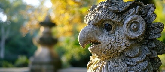 Stone bird statue in autumn garden, pagoda background