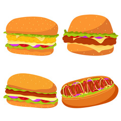 Cartoon Fast Food Set: Burgers and Hot Dog Illustration