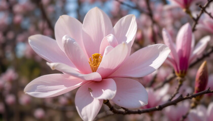 Obraz premium Magnolia Blossoms Bloom in Springtime Sunlight, Showcasing Delicate Pink Petals Against a Blurred Background Generative AI