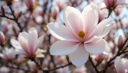 Obraz premium Blooming Magnolia Flowers in Spring Sunlight Creating a Serene Atmosphere in a Garden Setting Generative AI