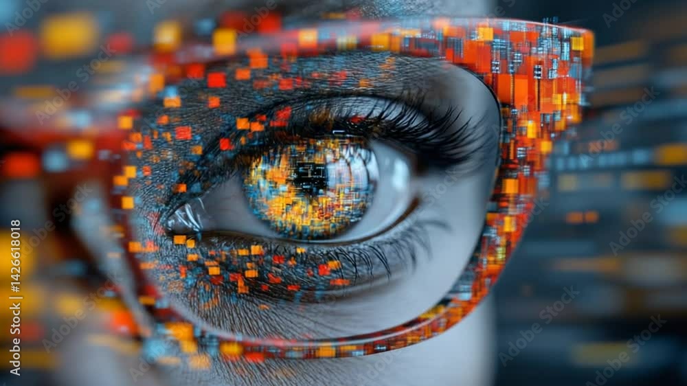 Poster close-up of an eye with digital elements representing technology and innovation in a high-tech envir