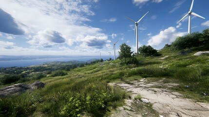 Group of Wind Turbines on Grassy Hill with Scenic Landscape View