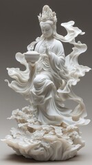 Elegant White Quan Yin Statue Holding Bowl with Intricate Details