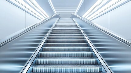Fototapeta premium Stainless steel skybridge staircase with seamless metal structure, soft lighting, and a futuristic architectural statement