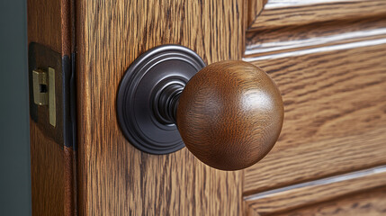 Fototapeta premium Close-up of a wooden doorknob caught in the act of opening or closing a door