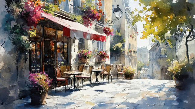 Charming Parisian cafe with outdoor seating, watercolor painting.