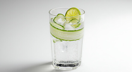 Refreshing infused water in a glass: Cucumber and lime slices create a crisp, hydrating drink, perfect for a healthy lifestyle.