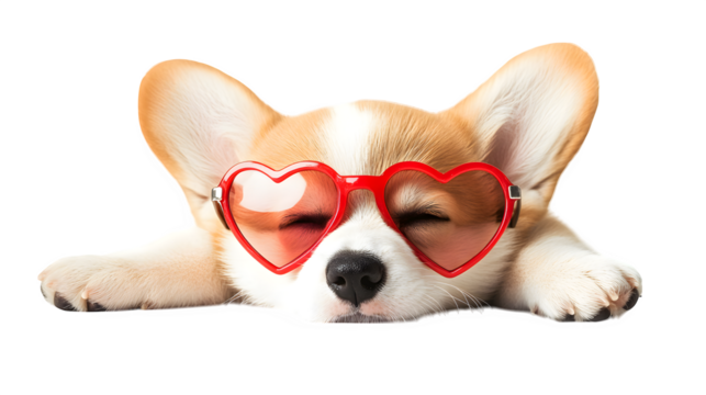 corgi puppy with heart-shaped sunglasses, lying on back, isolated on white