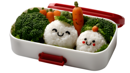 cute bento box with happy rice balls, smiling veggies, isolated on white