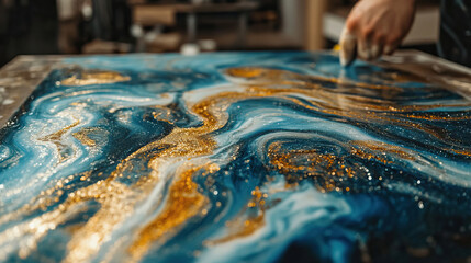 A captivating abstract art piece with stunning blue and gold colors, and swirling patterns