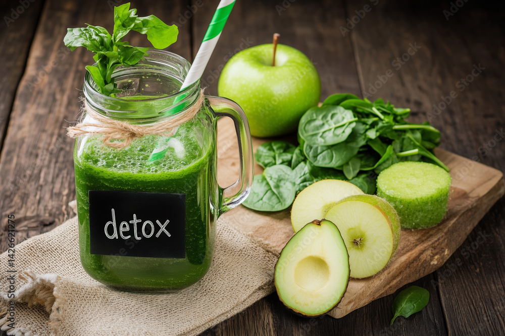 Poster green smoothie with a blackboard label that says detox. the smoothie is in a glass and there are sli
