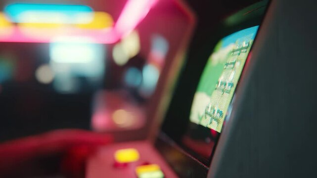 Close-up of retro arcade machine screen displaying colorful game interface, evoking nostalgia, vintage gaming culture, and classic entertainment