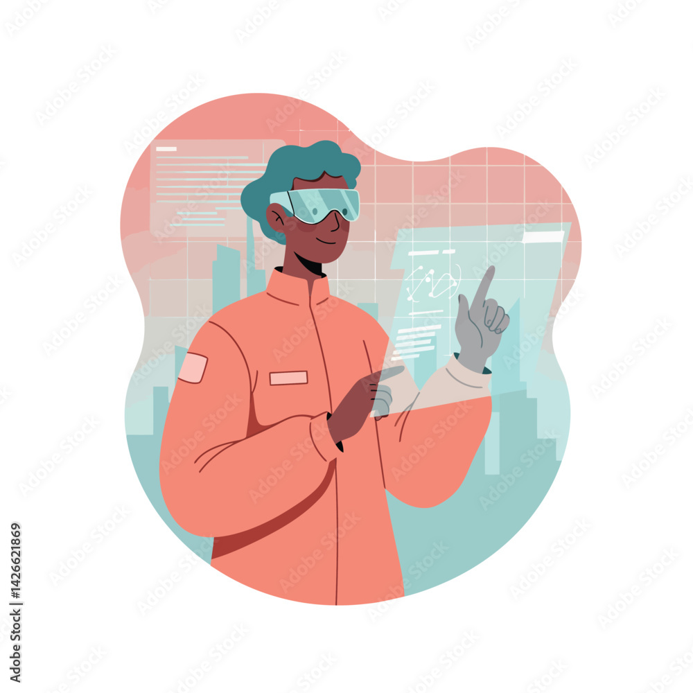 Poster scientist using augmented reality interface in futuristic laboratory with digital data visualization