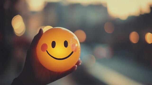 Person holding a glowing smiley face ball at sunset in a city