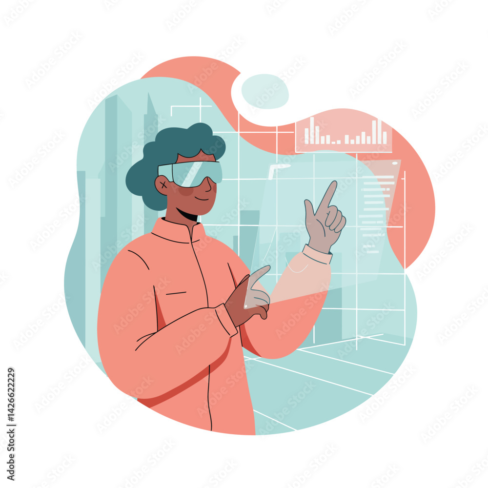 Poster young woman using futuristic augmented reality interface with data charts and graphs technology conc