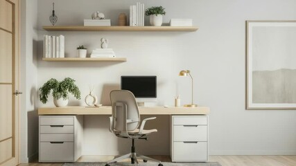 Minimalist home office with modern decor, organized workspace, and neutral tones