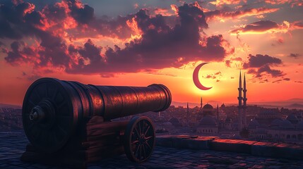 A cannon overlooking a city skyline with a crescent moon and a vibrant sunset sky in the background