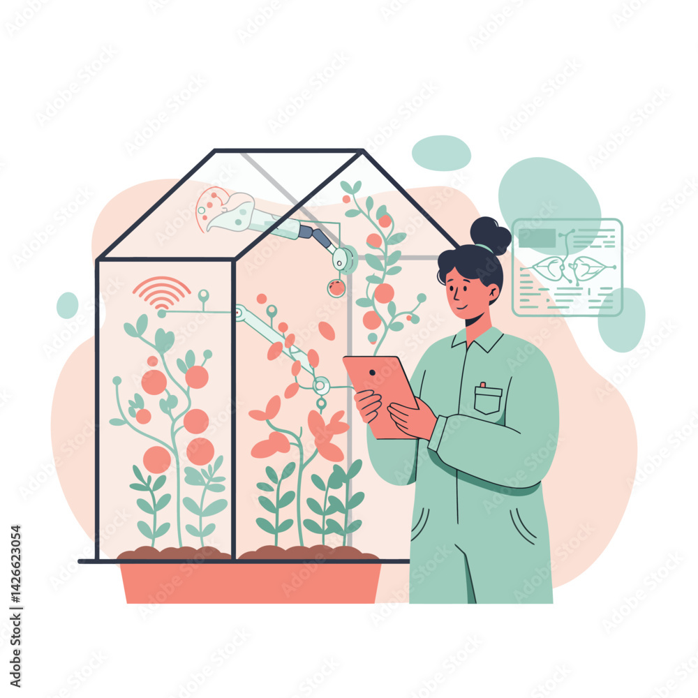 Poster woman monitoring smart greenhouse plants using digital tablet with automated watering system vector 