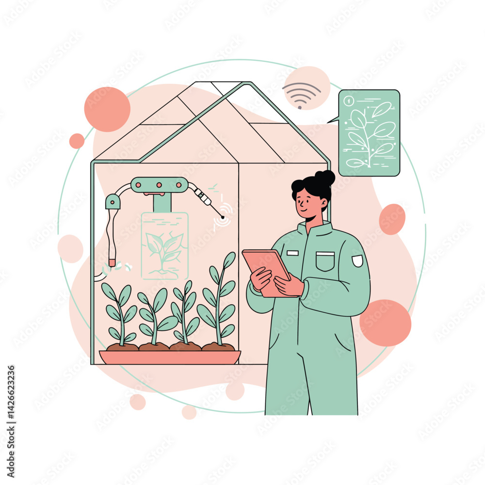 Poster scientist monitoring automated plant growth system with tablet in smart greenhouse technology vector