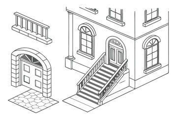 100 Minimalist architectural elements, black and white icons, isometric shapes, stairs, columns, arches, windows, doorways, geometric patterns, 3D cubes, simple line drawings, architectural symbols, a