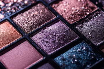 Fototapeta premium close up of a makeup palette with a variety of colors. The palette is made of plastic and has a black border. The colors are a mix of purple and blue, with some shades of pink and green