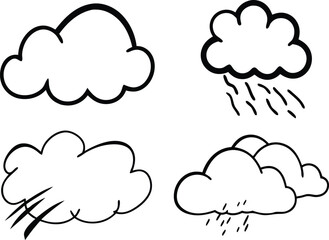 Hand-Drawn Weather Cloud Icons Set, clouds outline silhouette, Rain clouds line art diffrent style.