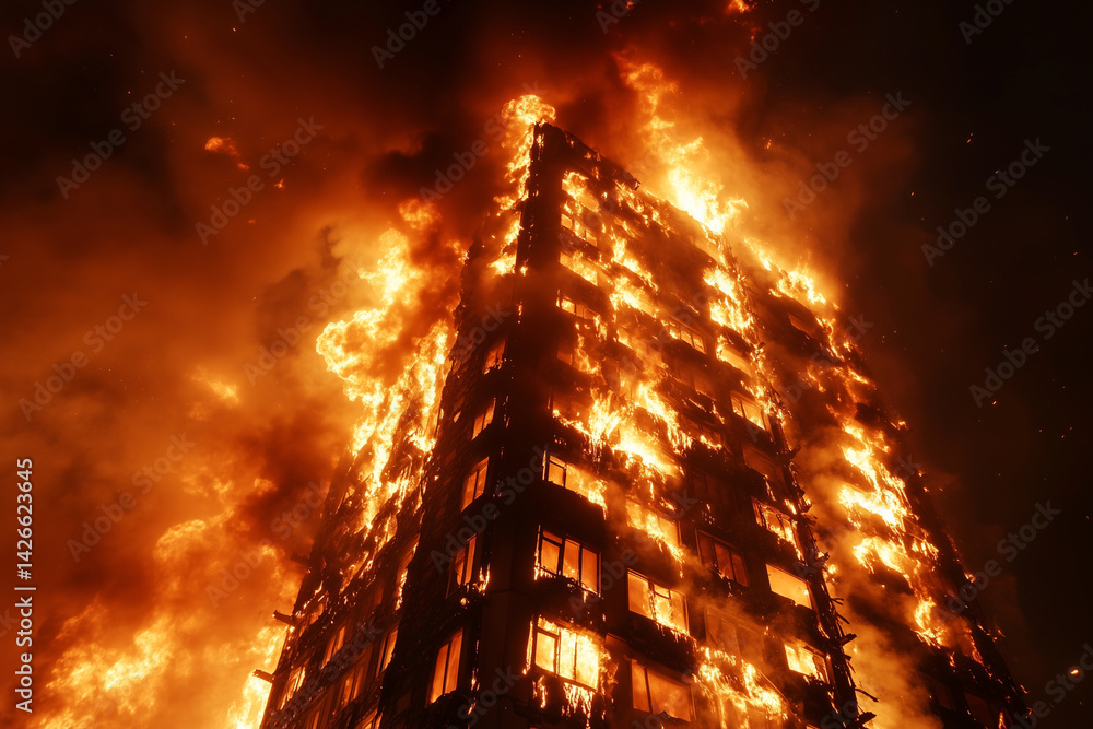 Poster building is on fire with flames shooting out of the top. the fire is so intense that it is almost im