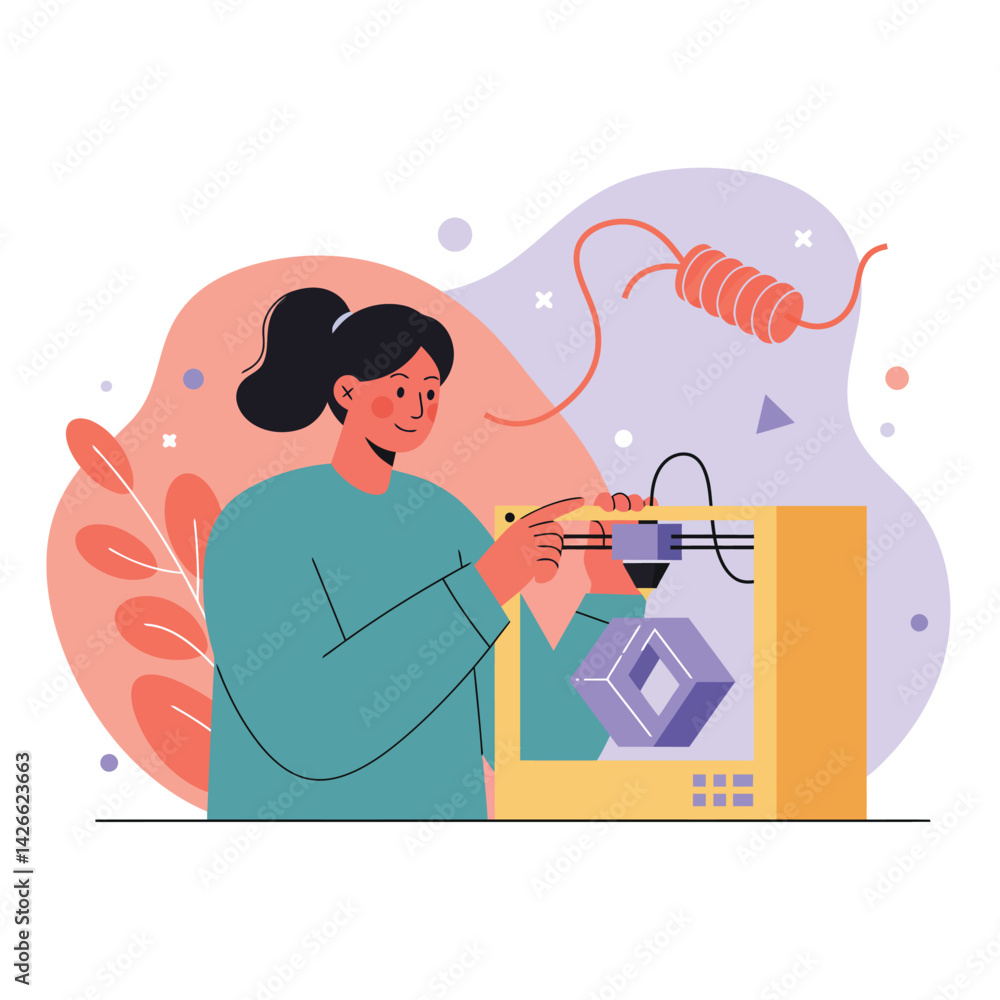 Poster woman using 3d printer creating geometric object with filament spool in background vector illustrati