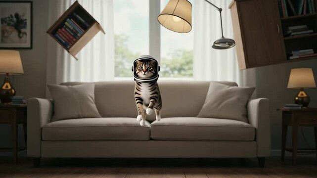Tabby cat wearing astronaut helmet floating on sofa in zero gravity room, blending surreal humor with domestic sci-fi fantasy themes