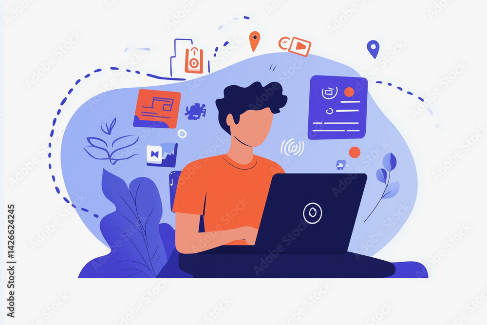 Poster man is sitting in front of a laptop computer with a blue background. he is using the laptop to brows