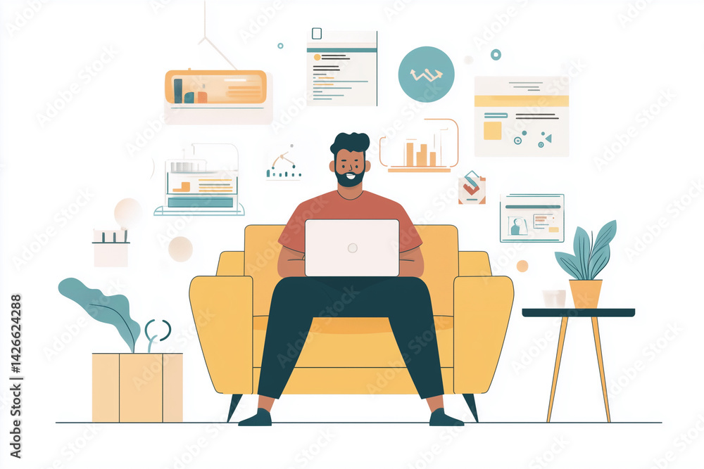 Poster man is sitting on a couch with a laptop in front of him. the image is a cartoonish representation of