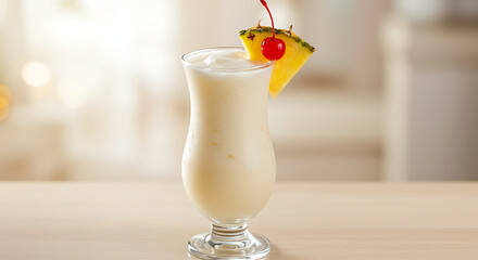 Creamy tropical beverage in a glass, garnished with pineapple slice and cherry, suggesting vacation vibes and refreshing taste.