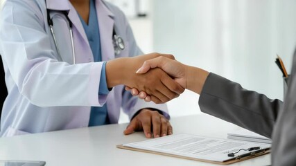 Doctor and patient shaking hands in office setting, emphasizing trust professional healthcare service