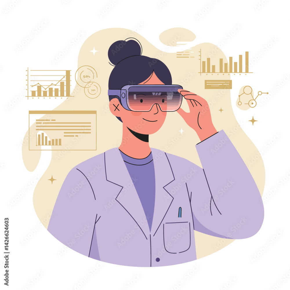 Poster female scientist wearing augmented reality glasses analyzing data visualization charts in futuristic