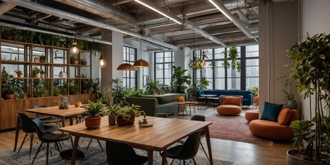Fototapeta premium Modern coworking space filled with plants and natural light in an urban setting