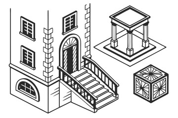 100 Minimalist architectural elements, black and white icons, isometric shapes, stairs, columns, arches, windows, doorways, geometric patterns, 3D cubes, simple line drawings, architectural symbols, a