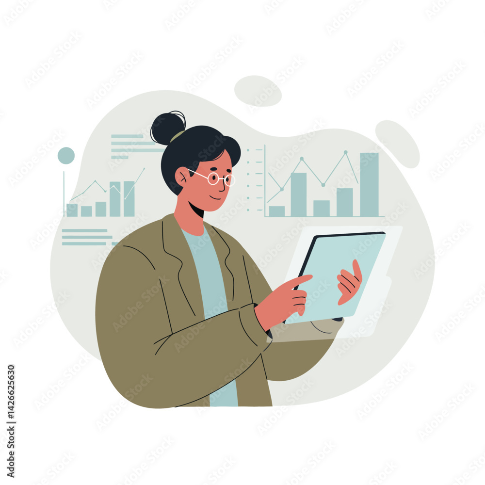 Poster woman analyzing data on tablet with graphs and charts in background business and technology concept 