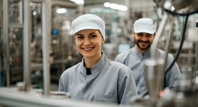 Smiling female and male workers in uniform at beverage factory assembly line