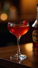 Elegant dark red cocktail served in a coupe glass with a maraschino cherry garnish, creating a classic and refined look in a warm, moody bar setting.