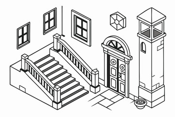100 Minimalist architectural elements, black and white icons, isometric shapes, stairs, columns, arches, windows, doorways, geometric patterns, 3D cubes, simple line drawings, architectural symbols, a