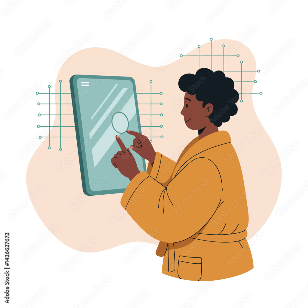 Aufkleber person interacting with touchscreen digital interface technology in modern lifestyle context vector 