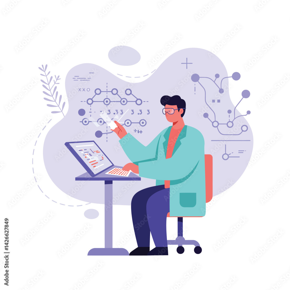 Poster scientist analyzing data on digital screen with molecular structures and chemical formulas in modern
